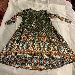 Long Sleeve Boho Style Dress with Paisley Mandela Pattern Whimsigoth Olive Green